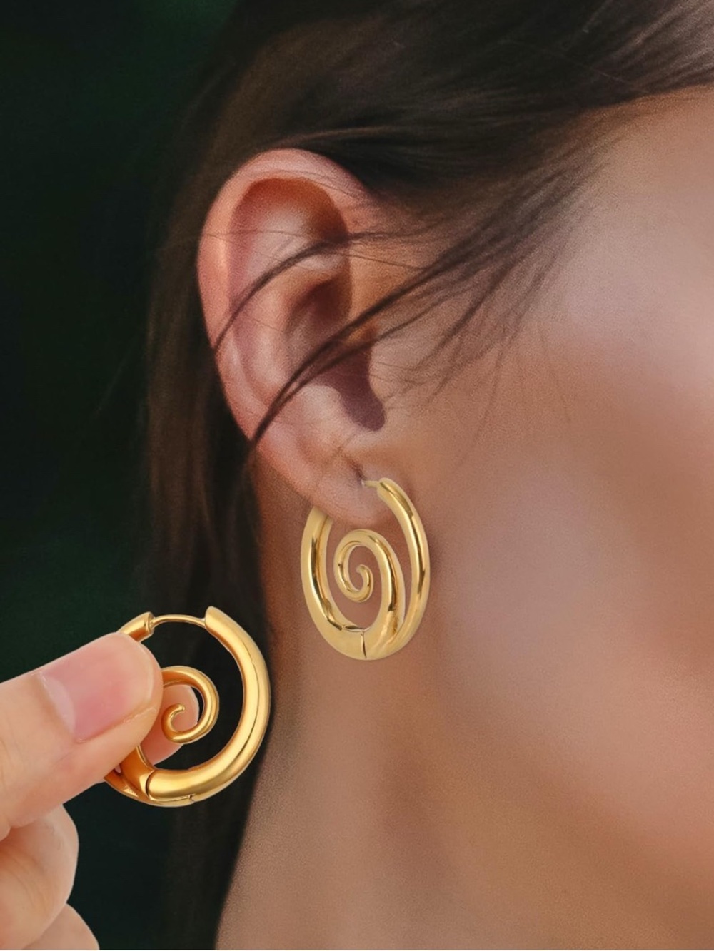 Gold Spiral Swirl Wave Hoop Earrings – Stainless Steel - Picture 2 of 7